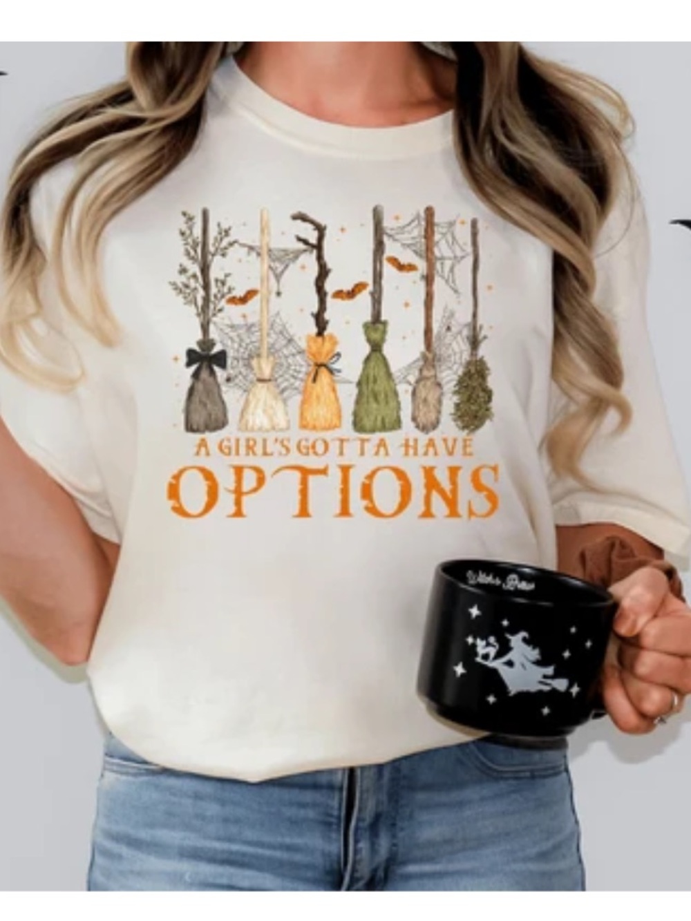 Off White Short-Sleeve Tee with Witch Brooms Graphic